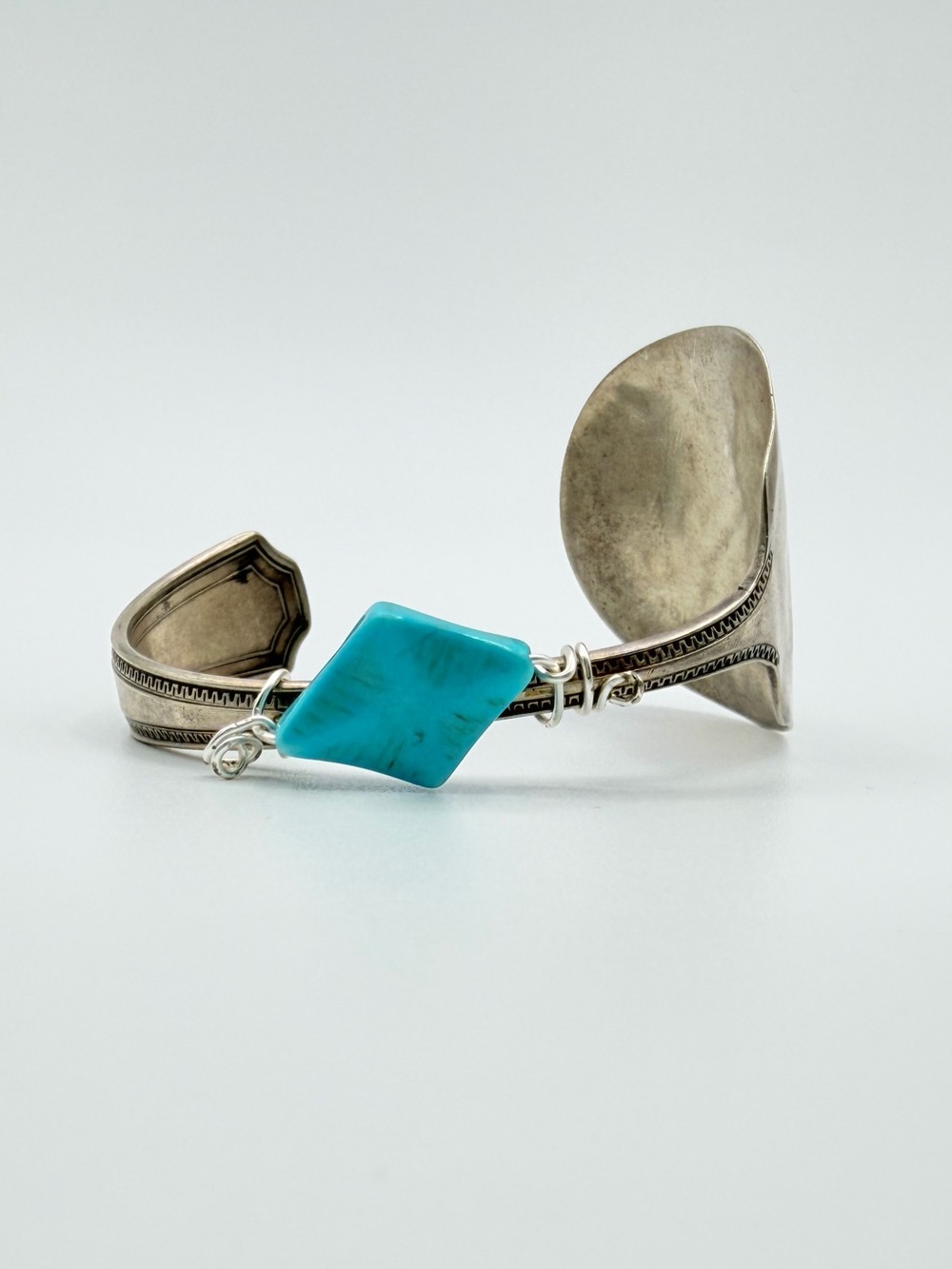 Vintage Silverplate Spoon Cuff Bracelet Turquoise Wire Wrapped Boho